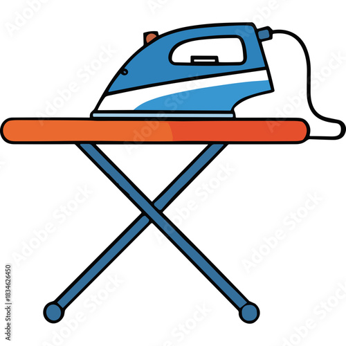 Blue Iron with White Stripe Resting on an Orange Ironing Board with Blue Metal Legs Isolated on a Black Background