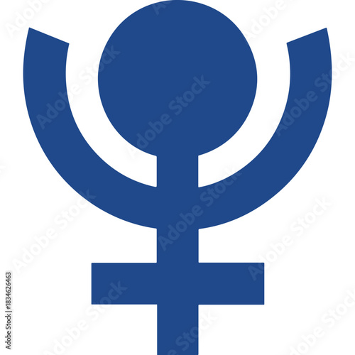 Blue Planet Symbol Representing Pluto with Raised Arms and a Circle on a Black Background