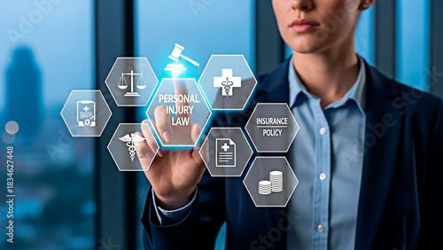 A lawyer touches a personal injury law icon for the concept of law and justice.