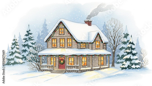 Cozy Christmas Cottage in Snowy Winter Landscape, Festive Holiday House Watercolor Illustration
