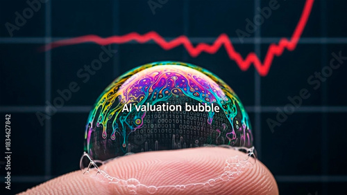 A close-up of a bubble, with an AI valuation bubble inscription against a financial chart in the background for the concept of finance.