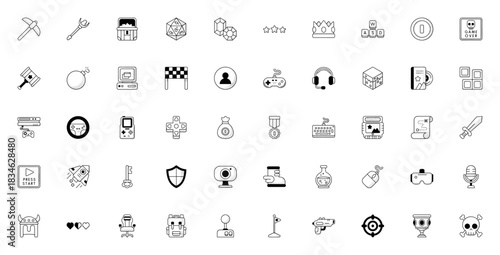 Gaming icon set. Vector pixel art icons collection. ncludes symbols for gamepa, console, sword, treasurechest, coins, keyboard, VR skull and more.