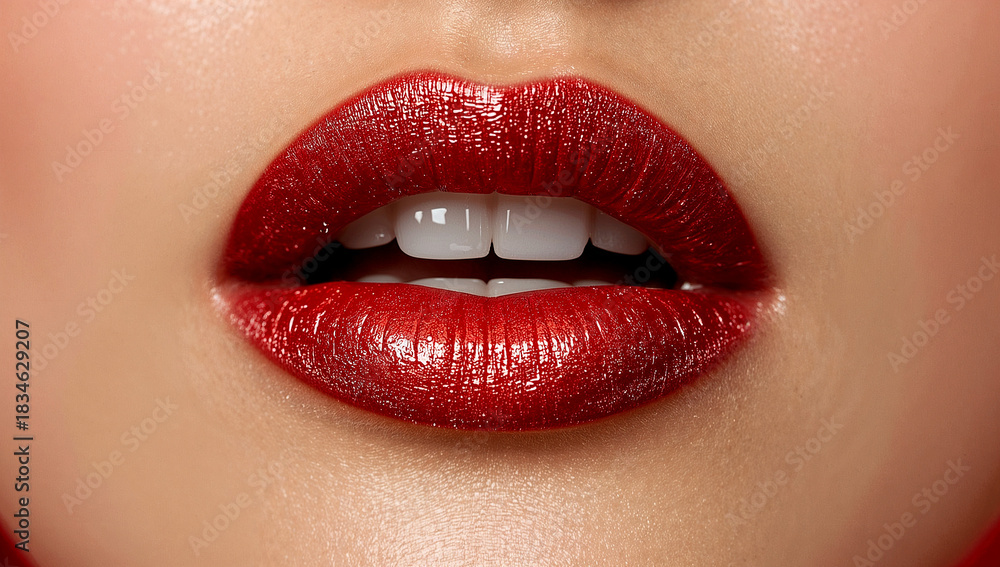Obraz premium Close up shiny red lips with festive bokeh background