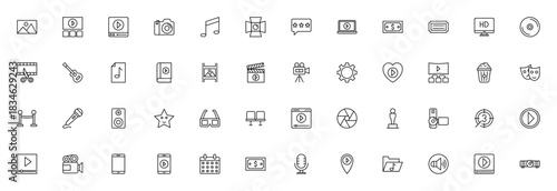 Cinema hall and movie making icon set. Vector illustation. Includes symbols fo camera, film reel, clappeboard, popcorn, Oscar awar, video player, microphoneand more. Editable stroke.