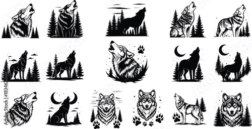 Black Silhouette Icon Set of Howling Wolves, Wolf Heads, Wolf Paws, and Wolves in Forest Landscape under the Moon, Symbolizing Wilderness and Freedom Vector Illustration.
