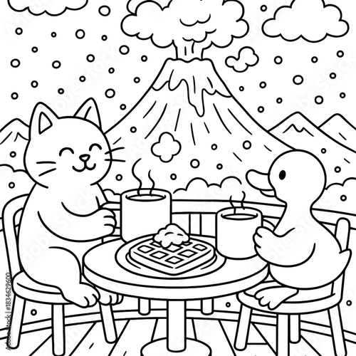 Cozy Breakfast with Cat and Duck: a cheerful cartoon depicts a cat and duck enjoying breakfast on a balcony, a charming scene set against a backdrop of a mountain.