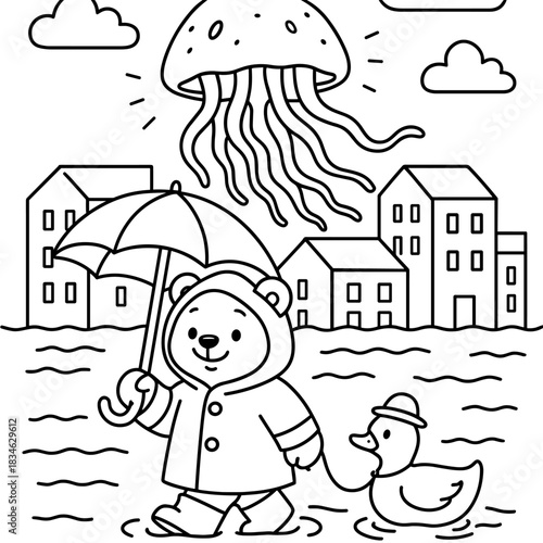 Whimsical Rainy Day: A charming scene unfolds with a bear wearing a raincoat and holding an umbrella, accompanied by a duck, navigating through a town as a jellyfish floats overhead. 