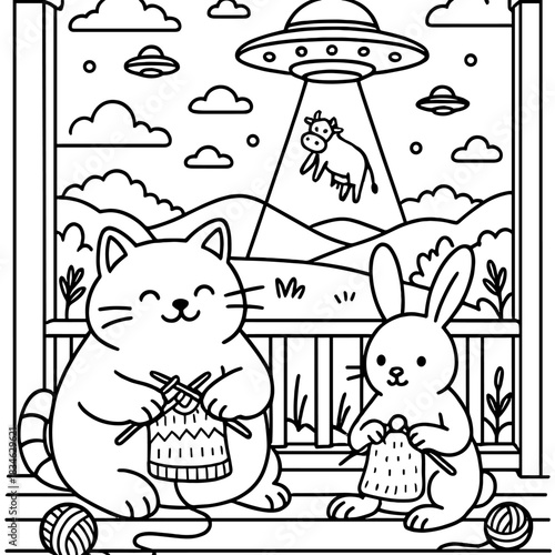 Intergalactic Knitting: A surreal illustration where a cat and a rabbit are knitting, while a cow is abducted by a UFO.