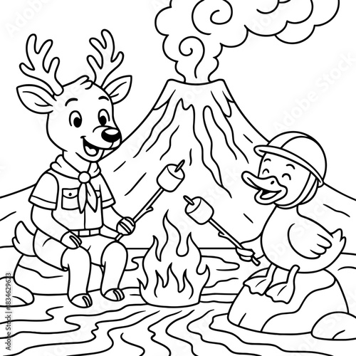 Campfire Friends: A cartoon captures the essence of camaraderie as a friendly deer and duck roast marshmallows by a crackling campfire, with a volcano in the background.