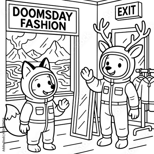 Doomsday Fashion Store: Whimsical characters in unique attire prepare to face the world. The store is filled with clothing. The scene shows a sign that is DOOMSDAY FASHION