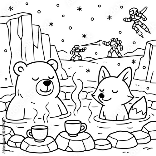 Cozy Retreat: A charming illustration depicts a polar bear and fox enjoying a serene hot spring.