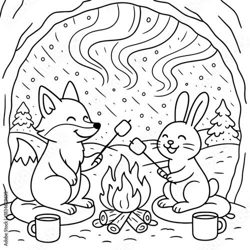 Cozy Camping Companions: A heartwarming illustration depicts a fox and a rabbit sharing marshmallows over a crackling campfire, nestled in a snow-kissed woodland scene.