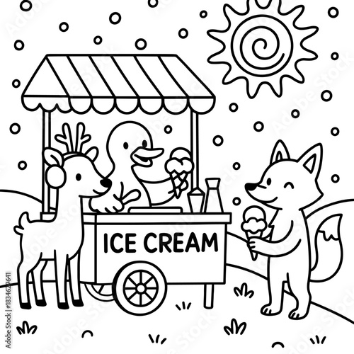 Whimsical Ice Cream Shop: A playful scene unfolds as a charming duck, running an ice cream shop. A cheerful deer and fox delight in a sweet treat, creating a heartwarming illustration.