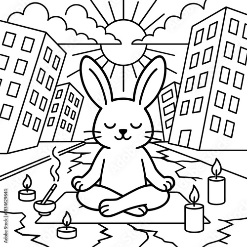 Zen Bunny in the City: A whimsical illustration depicts a serene bunny meditating amidst a bustling city, finding tranquility amidst urban life.
