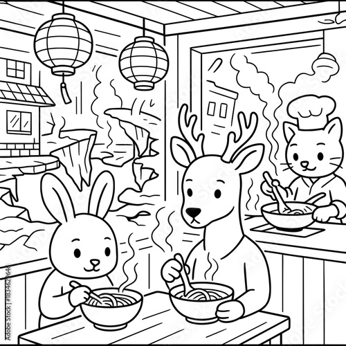 A Culinary Adventure: A charming illustration featuring a rabbit and a deer enjoying a delightful bowl of noodle soup, expertly prepared by a cat chef.