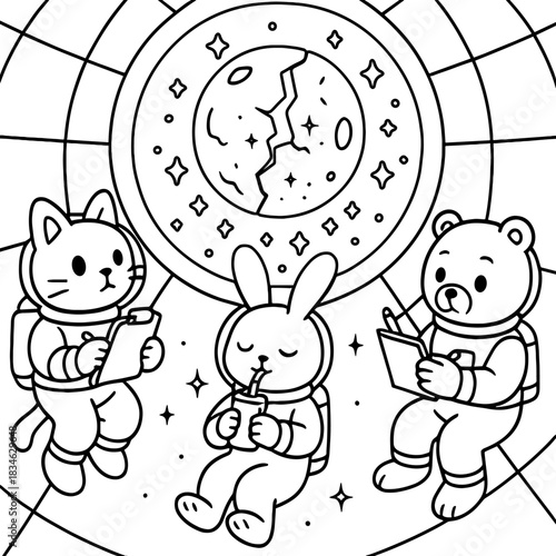 Cartoon Astronauts in Space: A whimsical cartoon features a cat, bunny, and bear as astronauts, observing a cracked moon. They're immersed in a world of stars and space travel. 