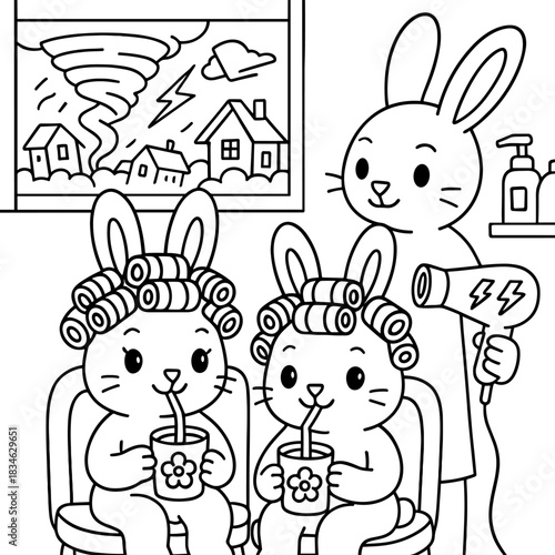 Bunny's Relaxing Day at Salon:Two adorable bunny with hair curlers enjoy their drinks in the hair salon, while stylist bunny is blow-drying the hair, and watching the disaster outside the window.