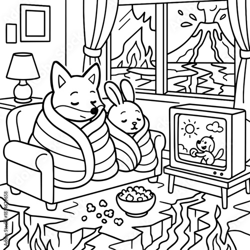 Cozy Companions in a Chaotic World: A fox and a rabbit, wrapped snugly in a blanket, find solace together on a sofa, oblivious to the volcano erupting outside, savoring popcorn