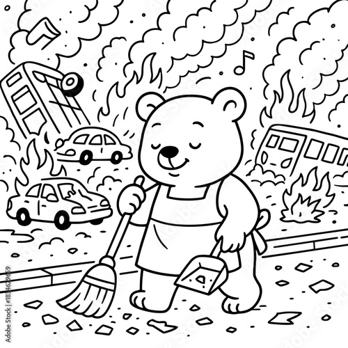 Bear's Calming Act in Chaos: An artistic portrayal of a serene bear amidst a chaotic, burning urban scene, calmly sweeping up debris with a broom, showcasing an act of tranquility.