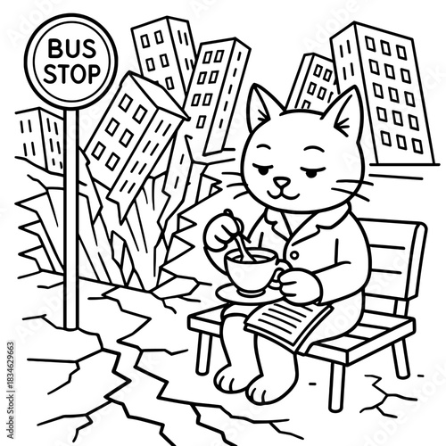 Apocalyptic Cat: Amidst a scene of destruction, a calm cat sits serenely at a bus stop, sipping tea with an air of composure.