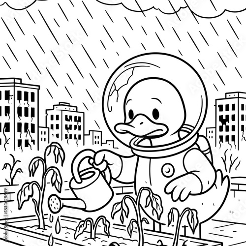 Astronaut Duck: A charming cartoon duck, donned in an astronaut's helmet, tends to a garden under a rainy sky, a whimsical blend of space and earth.