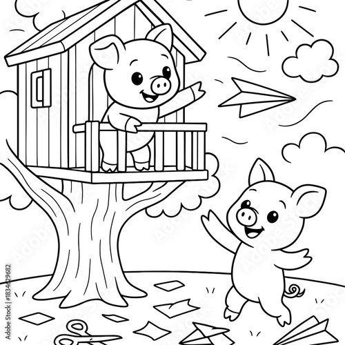 Piglet's Paper Plane Adventure: Two playful piglets engage in a cheerful game of paper airplane flight, creating a joyful, heartwarming scene filled with childhood glee.