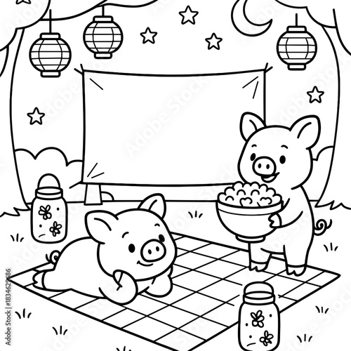 Cinema Under the Stars: Two adorable pigs enjoy an outdoor movie night, complete with a projector screen, lanterns, popcorn, and a picnic blanket, all under the moonlit sky.