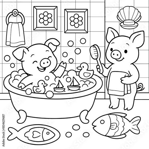 Playful Piglets Bathtime: Two adorable piglets, one enjoying a bubbly bath with toy and the other, are engaged in a playful scene of hygiene and childhood delight.