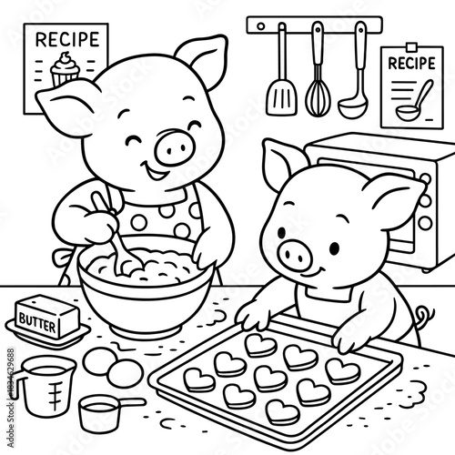 Baking Buddies: Two adorable pigs team up in the kitchen, mixing ingredients and preparing heart-shaped treats. A charming illustration that evokes warmth, togetherness, and the joy of baking.