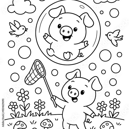 Piglet's Dream Bubble: A charming monochrome illustration, capturing the innocent fantasy of a playful piglet as it floats in a bubble, while another piglet joyfully reaches with a net.