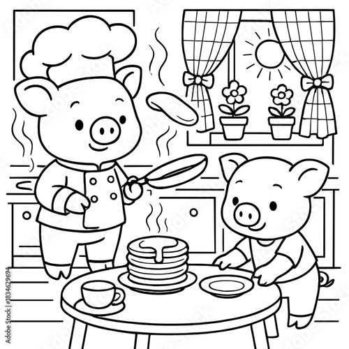 Pigs in the Kitchen: Charming illustration capturing an adorable scene of two pigs engaged in pancake cooking activities, creating a cozy and delightful ambiance.