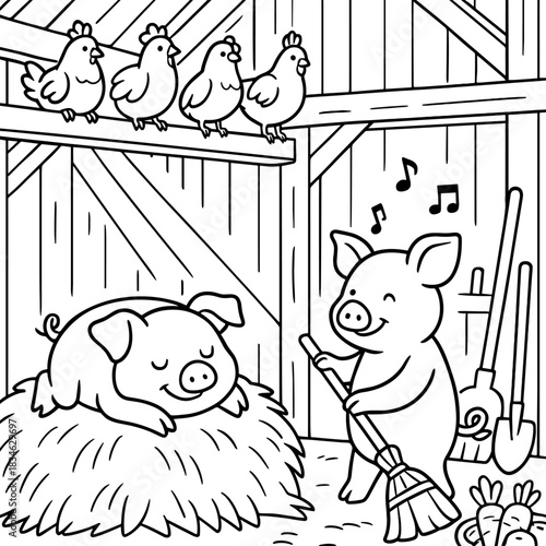 Farmyard Harmony: A charming illustration depicts a scene of rural tranquility, featuring content pigs, perched chickens, and farm tools creating a joyful ambiance.