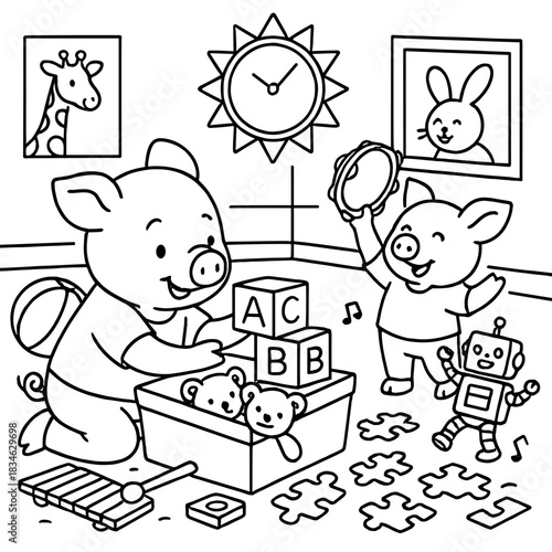 Playtime Pals: Two adorable animated pigs are engaging in an exuberant playtime, surrounded by colorful toys and educational blocks, sharing moments of pure, innocent joy