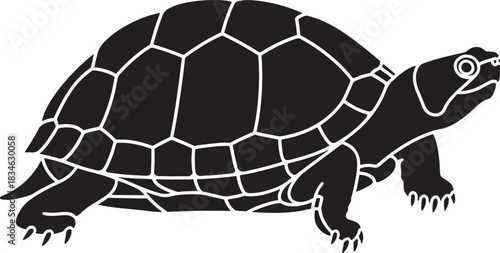 Stylized turtle silhouette vector illustration, side view of a crawling reptile with detailed shell design. graphic.