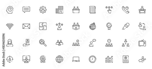 Job interview icon set. Business vector icons pack. eaturing mind, comment, seting, office building, conerence, paper, stars, phon call and more. Editable sroke.