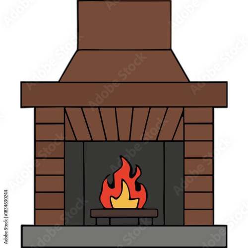 Brick Fireplace With Burning Fire Inside A Wooden Mantelpiece On A Gray Hearth And Chimney With Red Orange Flames And Yellow Glow Emitting Warmth And Comfort On A Black Background A Cozy Illustration