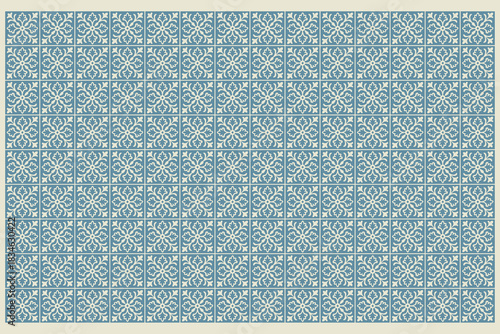 A unique vector background pattern made of blue square shapes with decorative motifs, designed for textile or tile applications, featuring clean geometric symmetry and stylish artistic look.