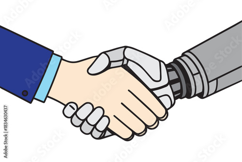A vector illustration of a human hand shaking a robotic hand, symbolizing the fusion of modern technology and human innovation, captured with clean lines and a sleek futuristic graphic style.