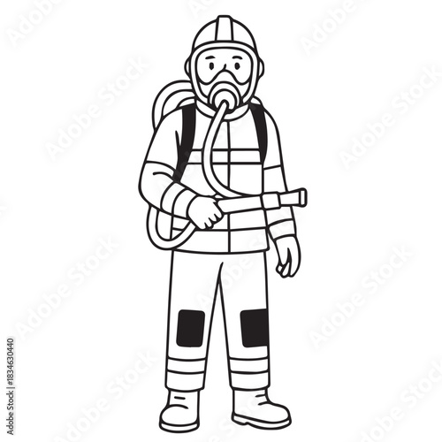 A clean vector artwork featuring a firefighter with a secure face mask, gripping a long water hose that releases a strong, steady spray as he stands prepared to tackle intense flames bravely