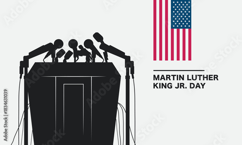 MLK Day banner design with USA flag and podium silhouette.