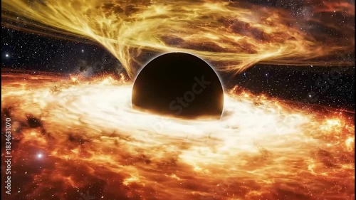 Dramatic visualization of a black hole with an accretion disk and powerful jets in deep space