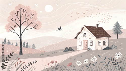 Winter landscape with houses trees and snow.