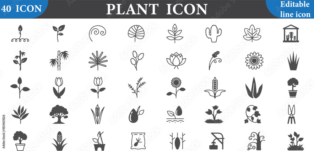 Obraz premium A collection of forty plant icons including trees flowers and various types of leaves in black and white