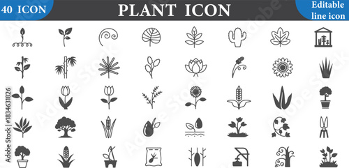 A collection of forty plant icons including trees flowers and various types of leaves in black and white