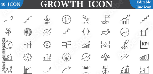 A collection of forty growth icons depicting various concepts like progress and development themes