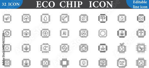 A collection of thirty two eco chip icons featuring various symbols in a grid pattern design