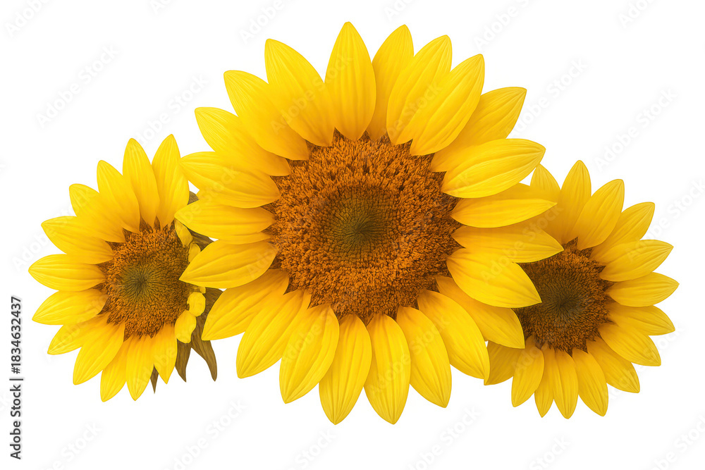 Fototapeta premium Three vibrant yellow sunflowers in full bloom, symbolizing nature, summer, growth, and happiness, on a transparent background