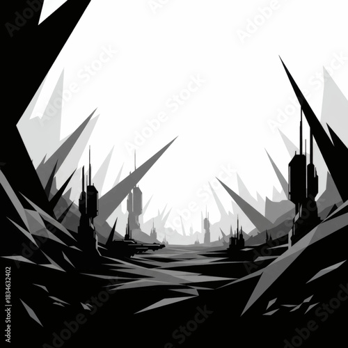 Sharp geometric game environment, an abstract, monochromatic digital landscape with futuristic, AI-driven structures