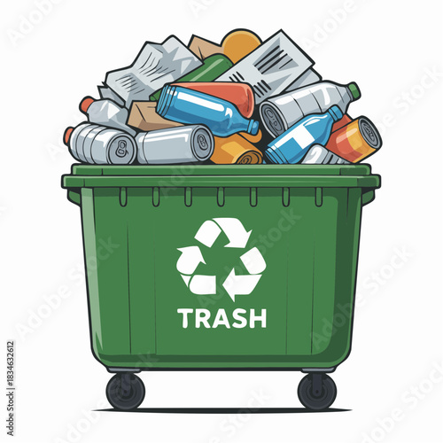 Green recycling bin overflowing with various types of trash and waste materials.