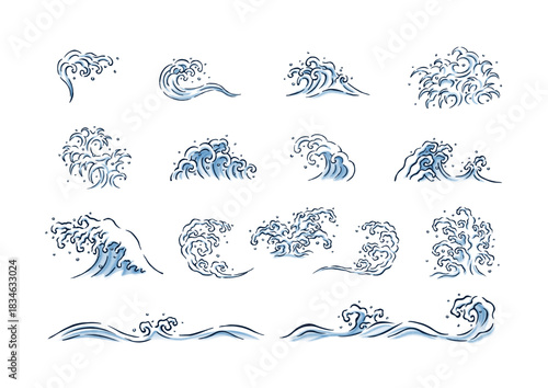 和風波模様ベクターセット01｜浮世絵風・水しぶきのイラスト集